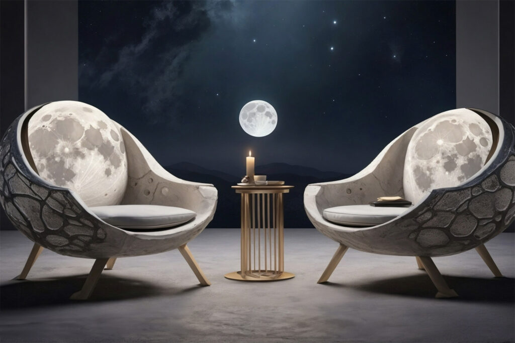 写真：月をモチーフにしたイスが向かい合ったテーブルセット