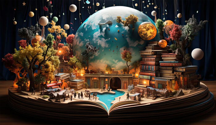 本の中のファンタジーの世界。地球と世界のあらゆるものが本から飛び出している