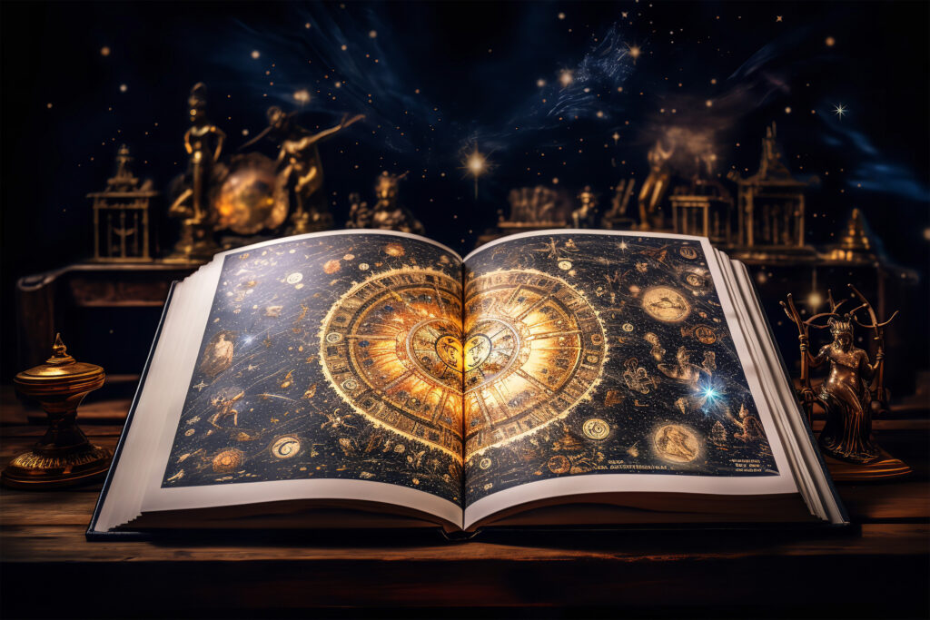イメージ：占星術を連想させる黄金のオブジェクトの群れと本