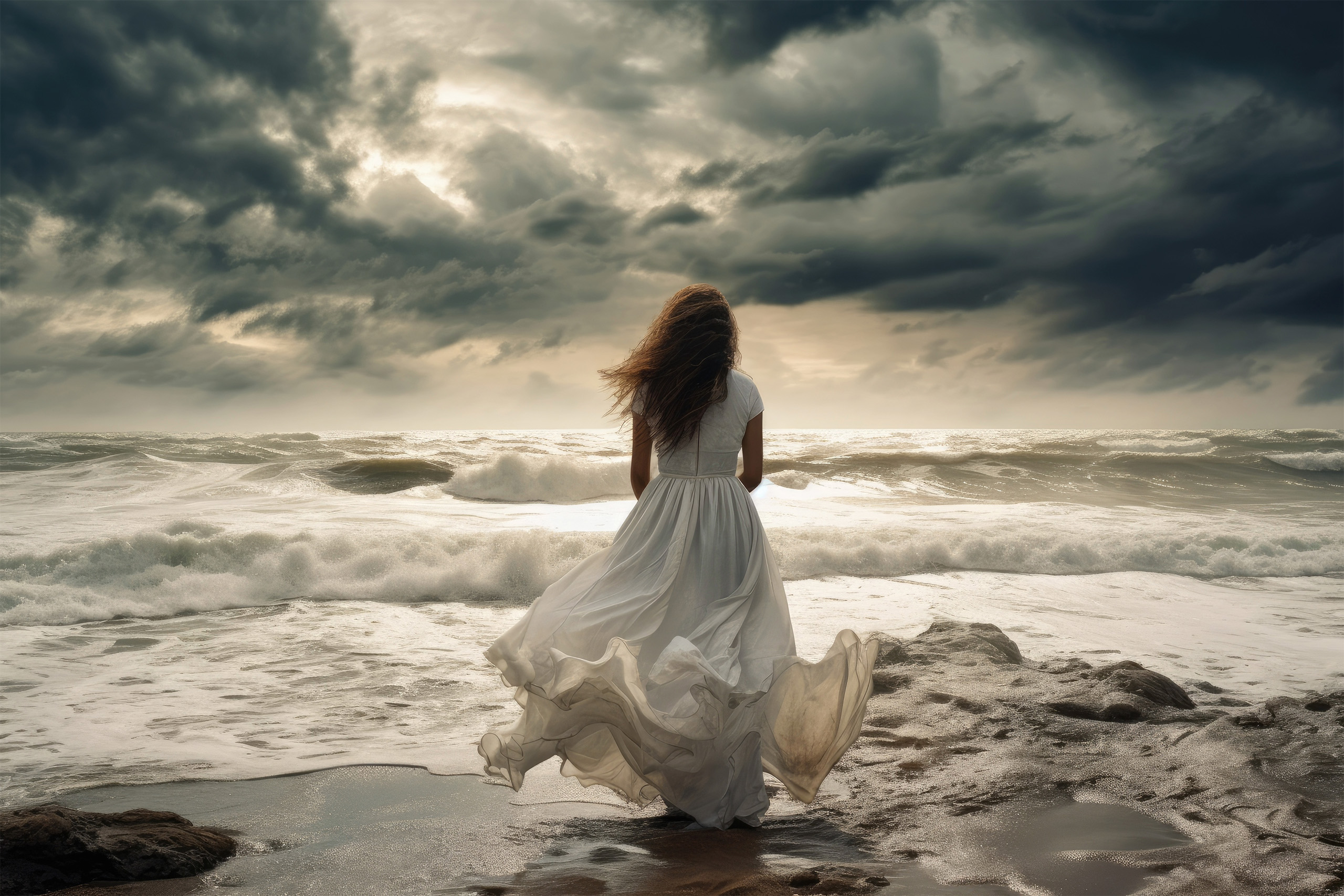 イメージ：波立つ海岸に、こちらに背を向けて立つ白いドレスの女性