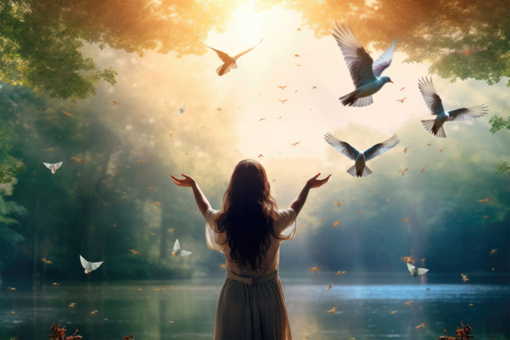 イメージ：光に満ちた空に向かって手を拡げ、鳥たちを解放している女性