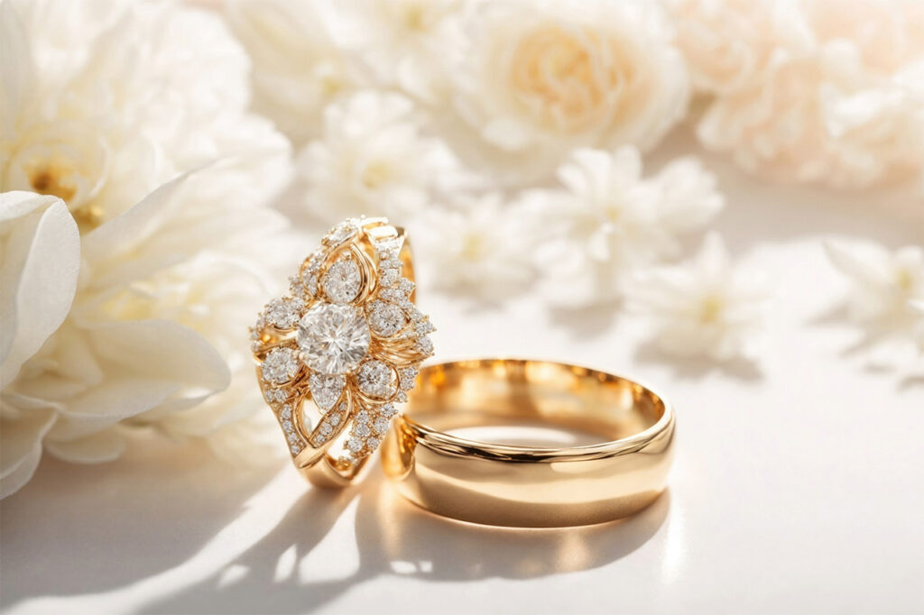 白い背景・白い花々の中に置かれているゴールドの結婚指輪のペア