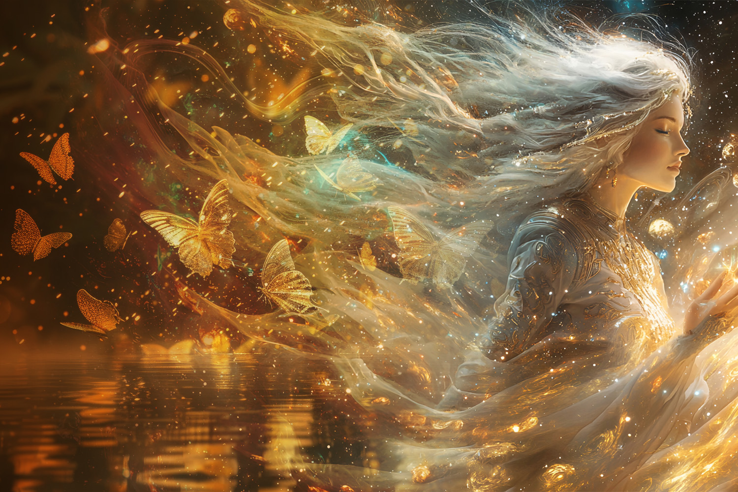 イメージ：右方向からの金色の光に照らされ浮かび上がる銀髪の女性