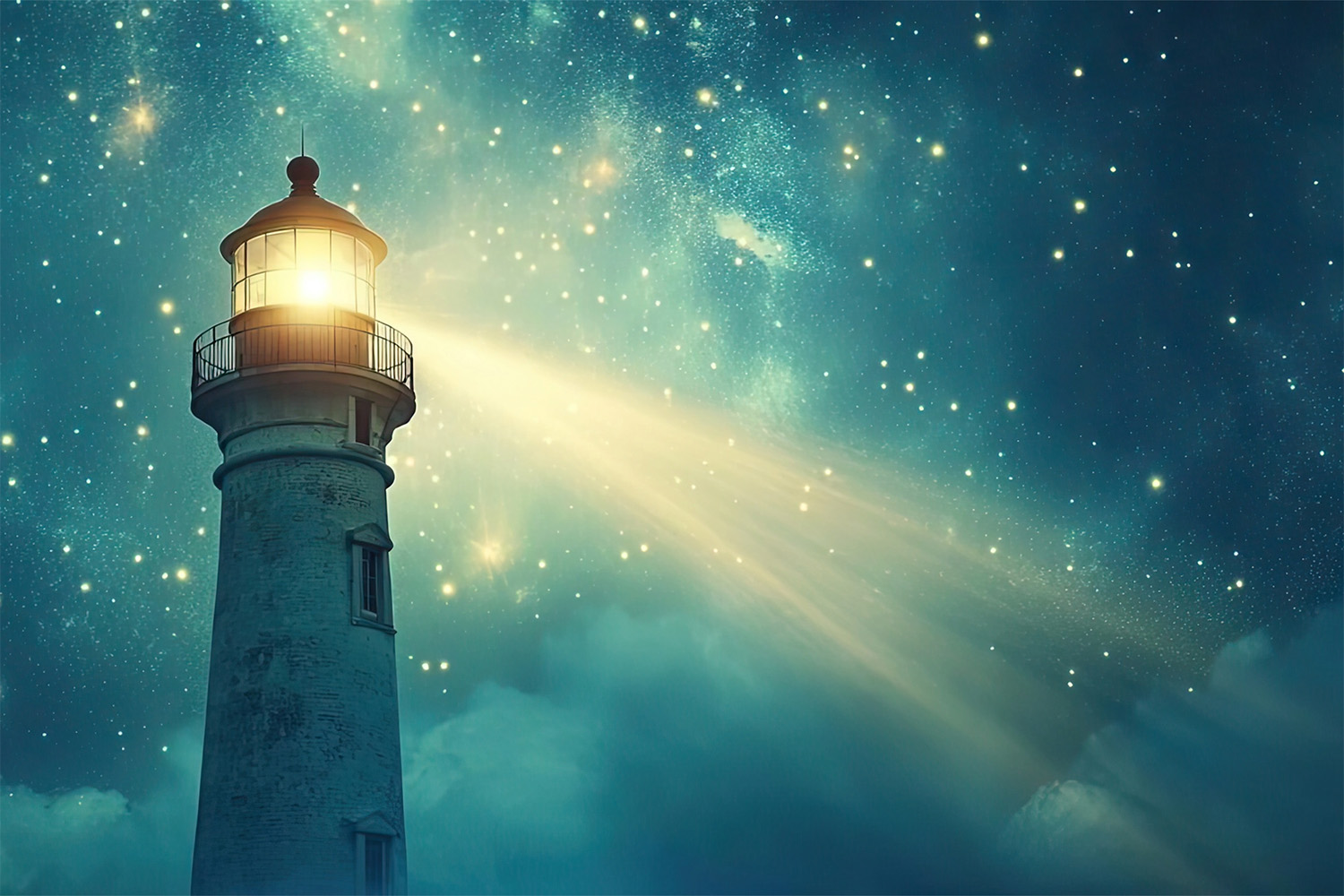 イメージ：星空の下で光の道筋を示す灯台